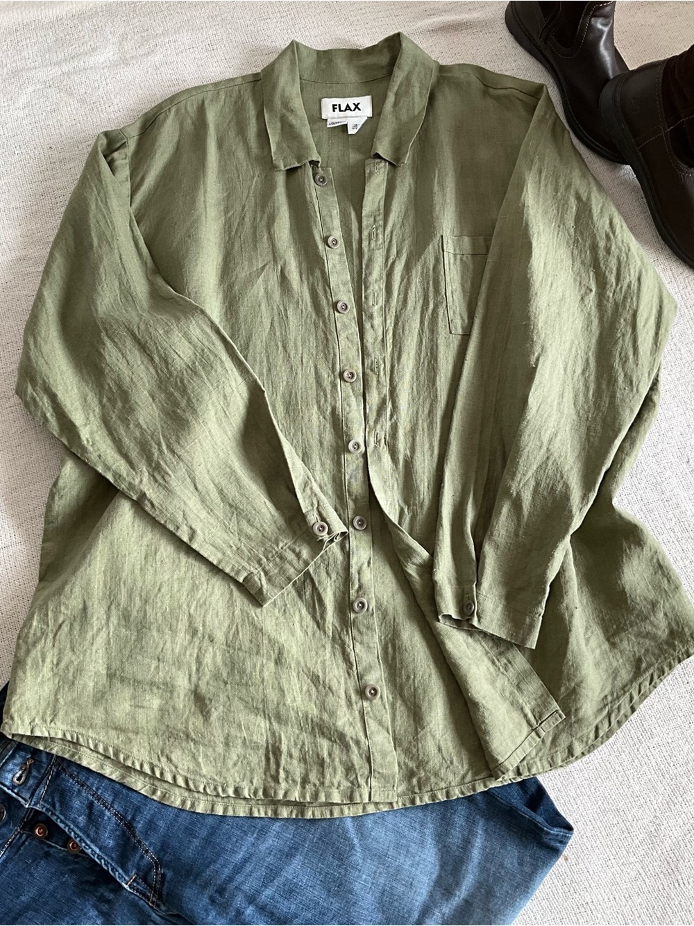 FLAX Jeanne Engelhart 100% Linen Oversized Olive Green Button Front Shirt L